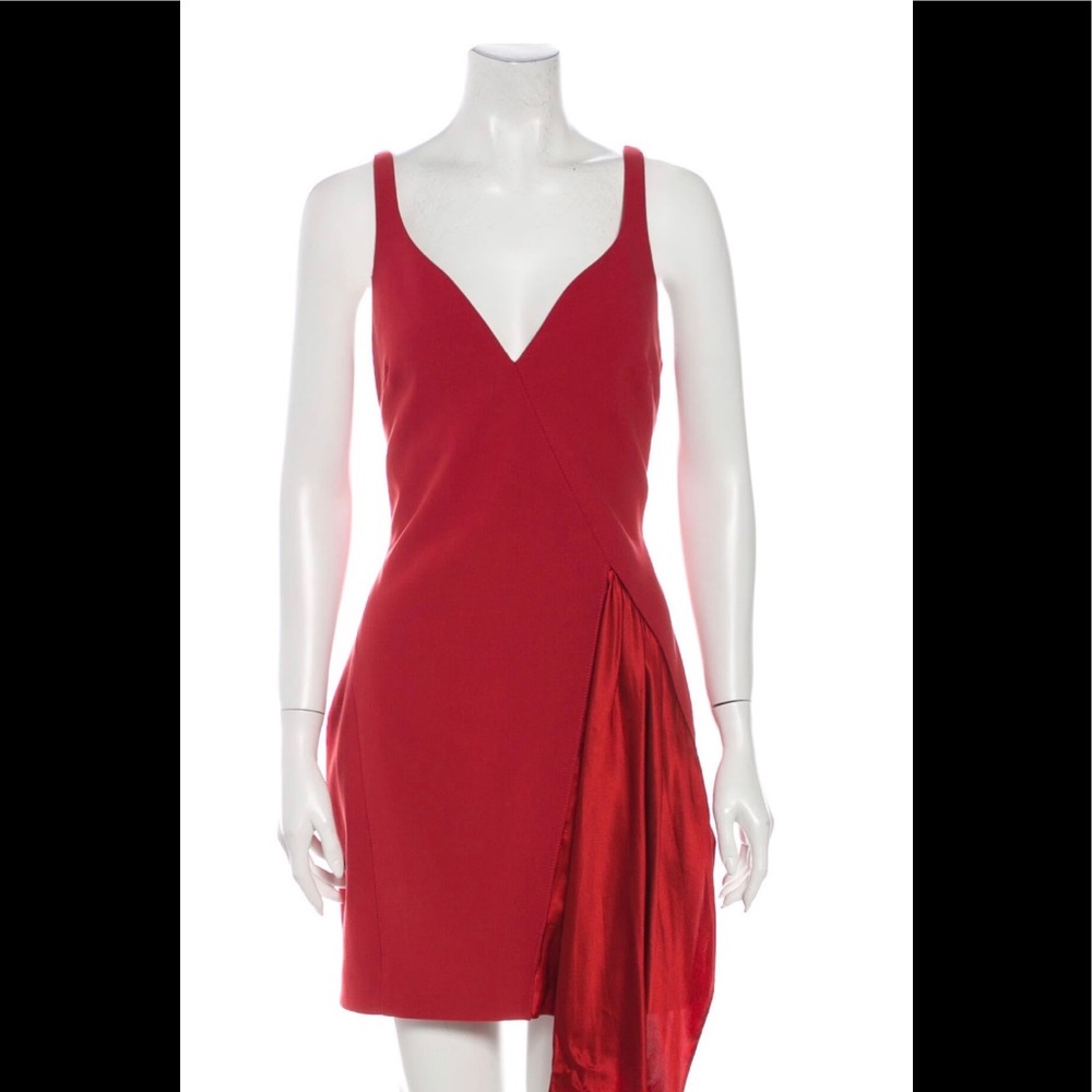 cinq a sept Red V-Neck Mini Dress with Draped Satin Panel